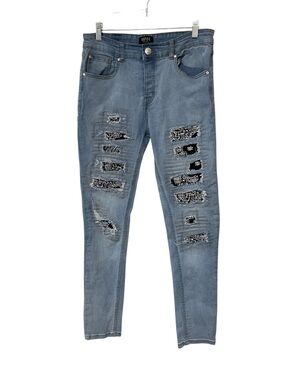 BOO HOO MAN JEANS Bandana Distressed Skinny Button Fly 32x32 Biker Edgy
